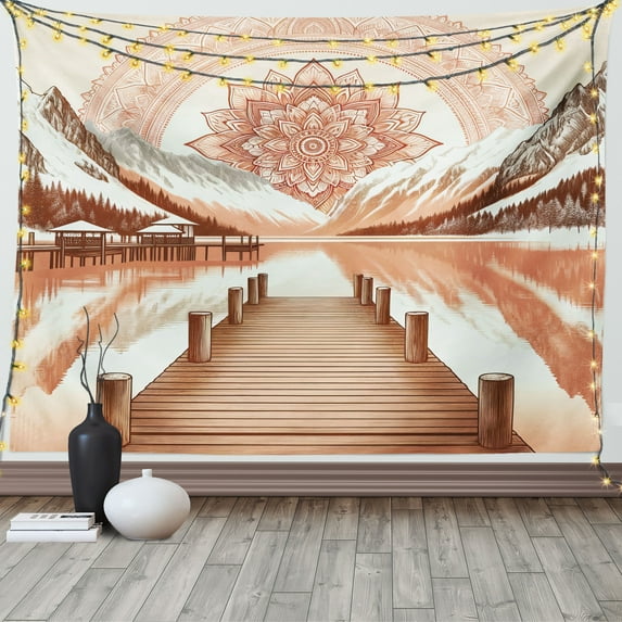 Ambesonne Lake Tapestry Wall Hanging, Mountains Pier and Mandala, 80"x60", Salmon Redwood and Dark Rust