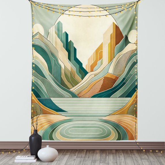 Ambesonne Lake Tapestry Wall Hanging, Pastel Rising Mountains Art, 40"x60", Seafoam Peach and Amber