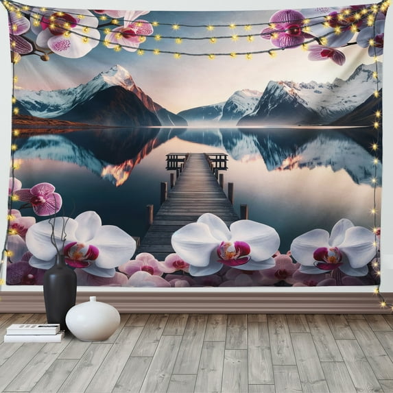 Ambesonne Lake Tapestry Wall Hanging, Peaceful Orchid Calm Mountains, 60"x40", Pale Purple Petrol Blue