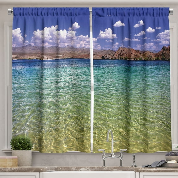 Ambesonne Lake Theme Kitchen Curtains, Daytime Mohave Beach, 55"x30", Multicolor