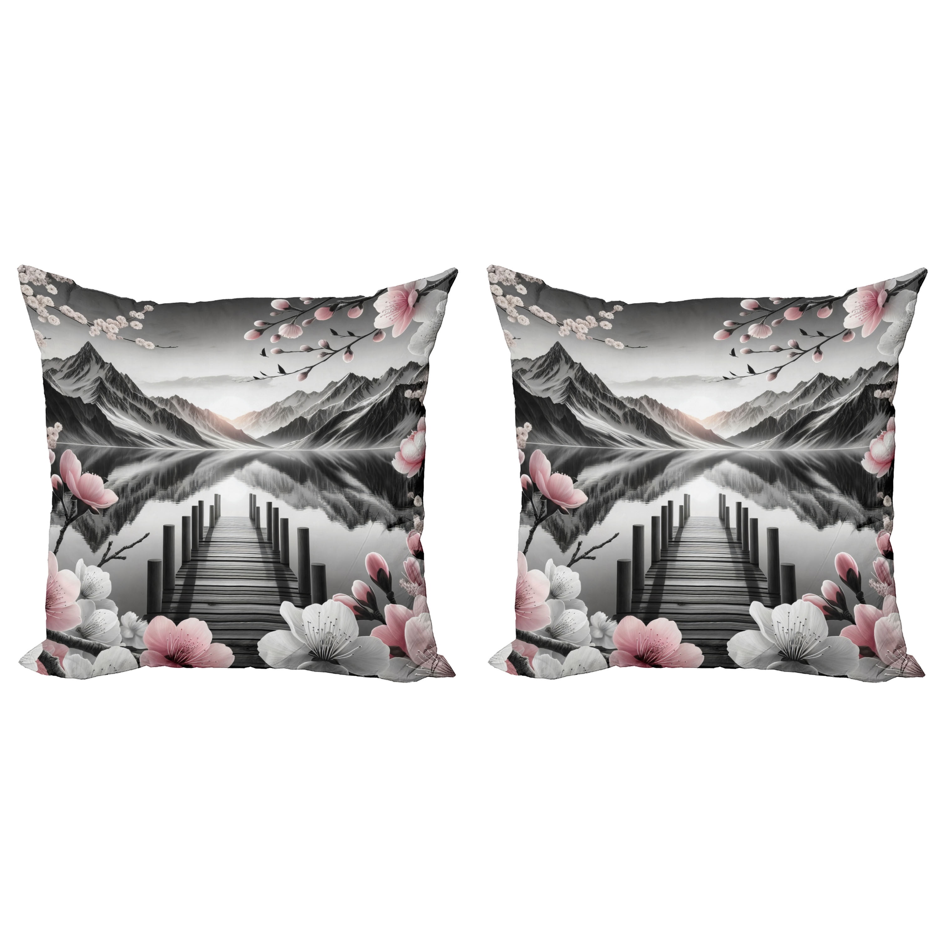 Grey and Blush Floral Mountain 16" Microfiber Pillow Covers, Set of 2
