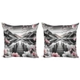 thumbnail image 1 of Ambesonne Lake Throw Pillow Cover 2 Pack, Cherry Blossoms and Mountains, 16", Grey and Blush, 1 of 7