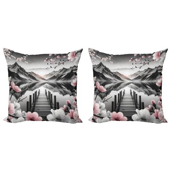 Ambesonne Lake Throw Pillow Cover 2 Pack, Cherry Blossoms and Mountains, 24", Grey and Blush