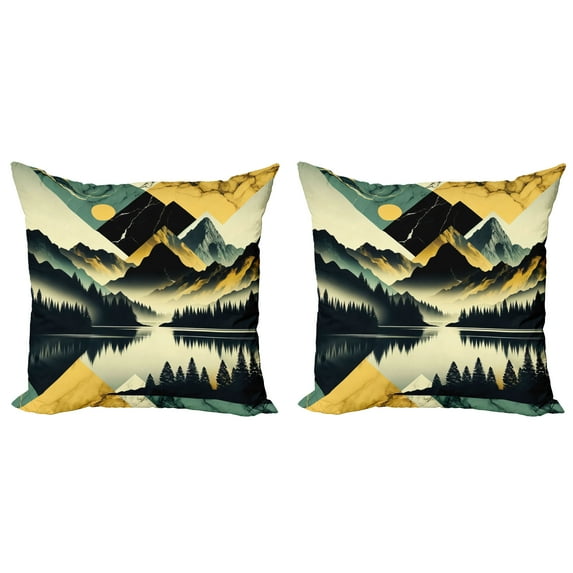 Ambesonne Lake Throw Pillow Cover 2 Pack, Dark Woods Mountains Modern, 20", Dark Green Teal Khaki