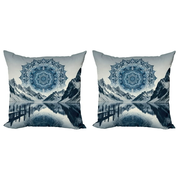 Ambesonne Lake Throw Pillow Cover 2 Pack, Ethnic Boho Mandala Mountains, 20", Night Blue