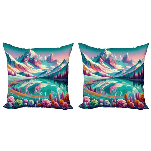 Ambesonne Lake Throw Pillow Cover 2 Pack, Flowery Meadow Mountain Scene, 16", Teal Pastel Pink Indigo