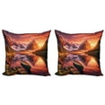 thumbnail image 1 of Ambesonne Lake Throw Pillow Cover 2 Pack, Lonely Boat Mountain Landscape, 18", Olive Green and Burnt Sienna, 1 of 7