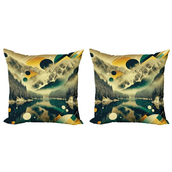 Ambesonne Lake Throw Pillow Cover 2 Pack, Misty Lake Scenery Dark Woods, 20", Emerald Pale Green Amber
