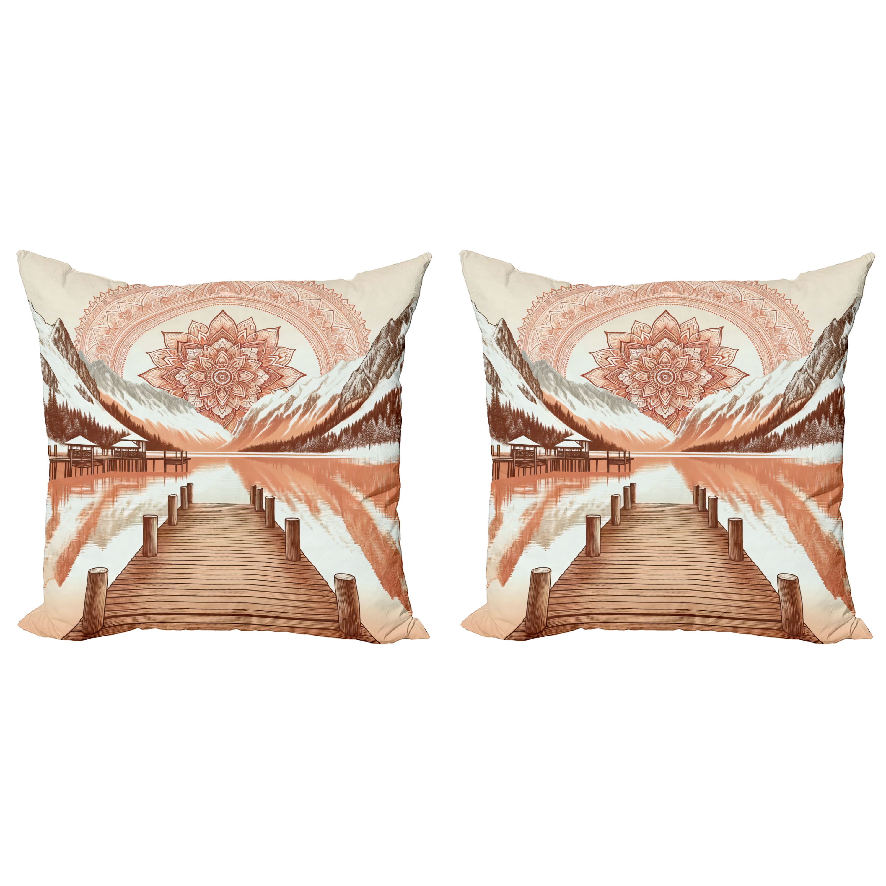 Salmon Redwood and Dark Rust Lake Mandala Reversible Throw Pillow Set