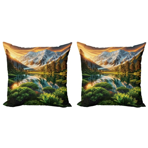 Ambesonne Lake Throw Pillow Cover 2 Pack, Nature Morning Scenery Peaks, 16", Peach Green and Fawn