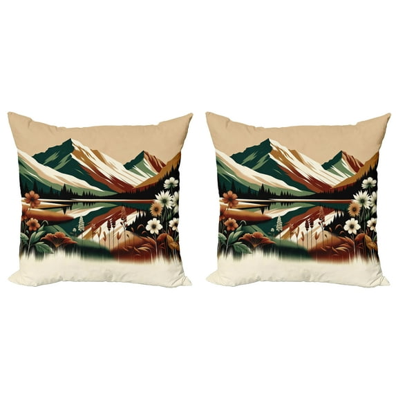 Ambesonne Lake Throw Pillow Cover 2 Pack, Peaceful Meadow Scene Woods, 18", Hunter Green Pale Redwood