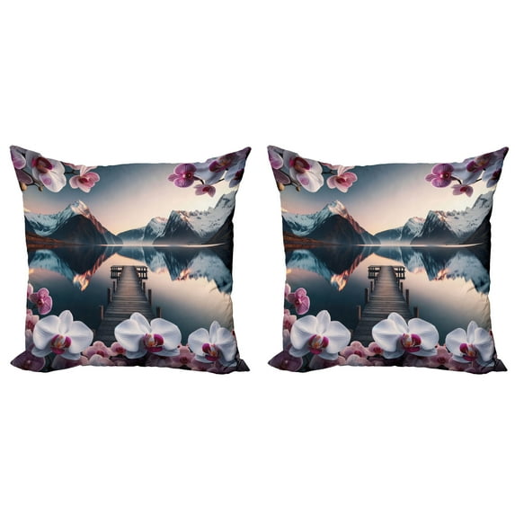 Ambesonne Lake Throw Pillow Cover 2 Pack, Peaceful Orchid Calm Mountains, 16", Pale Purple Petrol Blue