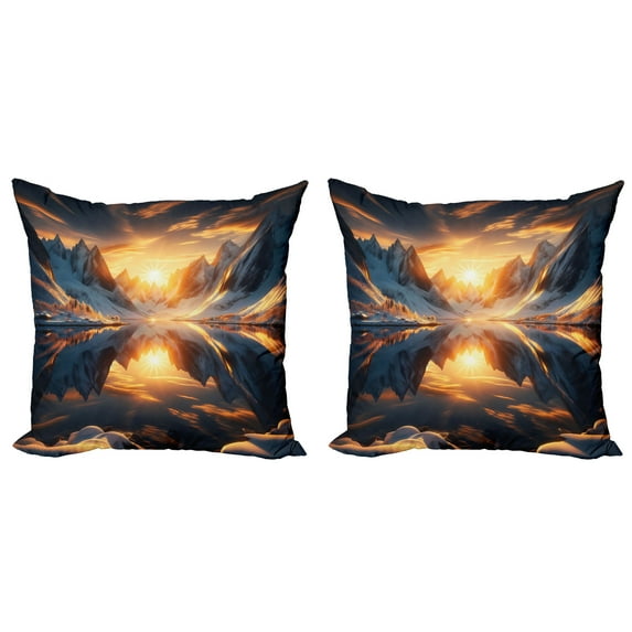 Ambesonne Lake Throw Pillow Cover 2 Pack, Reflection Snowy Mountain Dawn, 24", Orange and Dark Blue