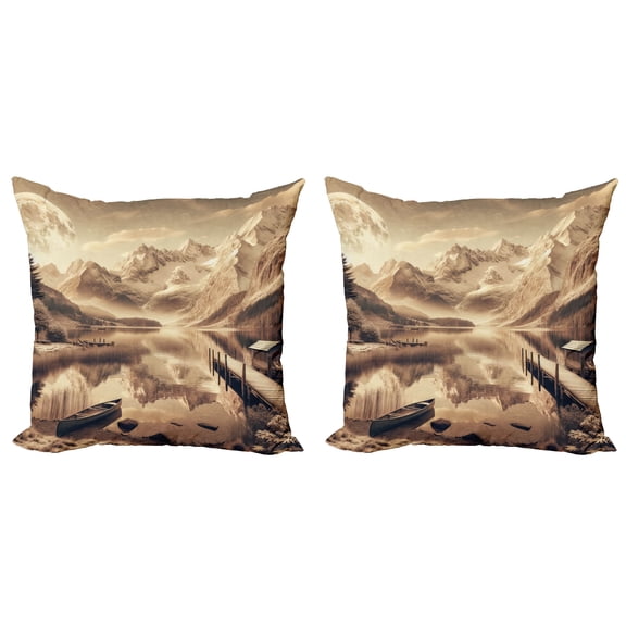 Ambesonne Lake Throw Pillow Cover 2 Pack, Snowy Mountains Sepia Effect, 16", Grey Yellow Warm Taupe