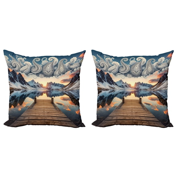 Ambesonne Lake Throw Pillow Cover 2 Pack, Sunset Mountains Pier Paisley, 24", Slate Blue and Peach