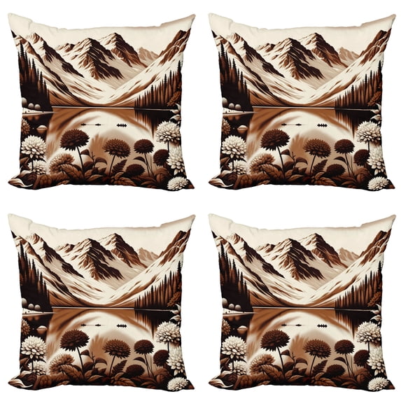Ambesonne Lake Throw Pillow Cover 4 Pack, Brownish Snowy Mountain Scene, 16", Pale Redwood Eggshell
