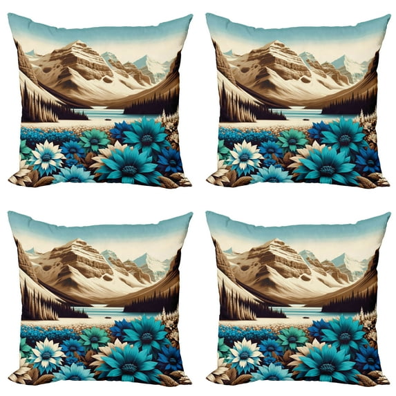 Ambesonne Lake Throw Pillow Cover 4 Pack, Mountain Scene Icy Tone Floral, 24", Pale Blue Pastel Brown