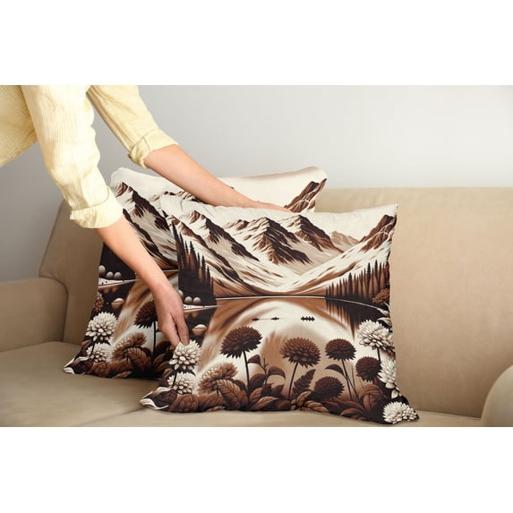 Ambesonne Lake Throw Pillow Cover Pack of 2, Brownish Snowy Mountain Scene, 2 Pcs-36"x36", Pale Redwood Eggshell