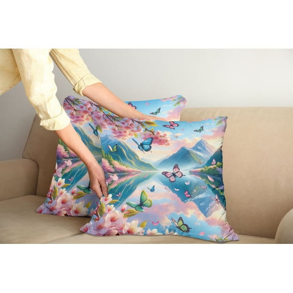 Ambesonne Lake Throw Pillow Cover Pack of 2, Butterflies Cherry Blossoms, 2 Pcs-26"x26", Pink Sky Blue Green