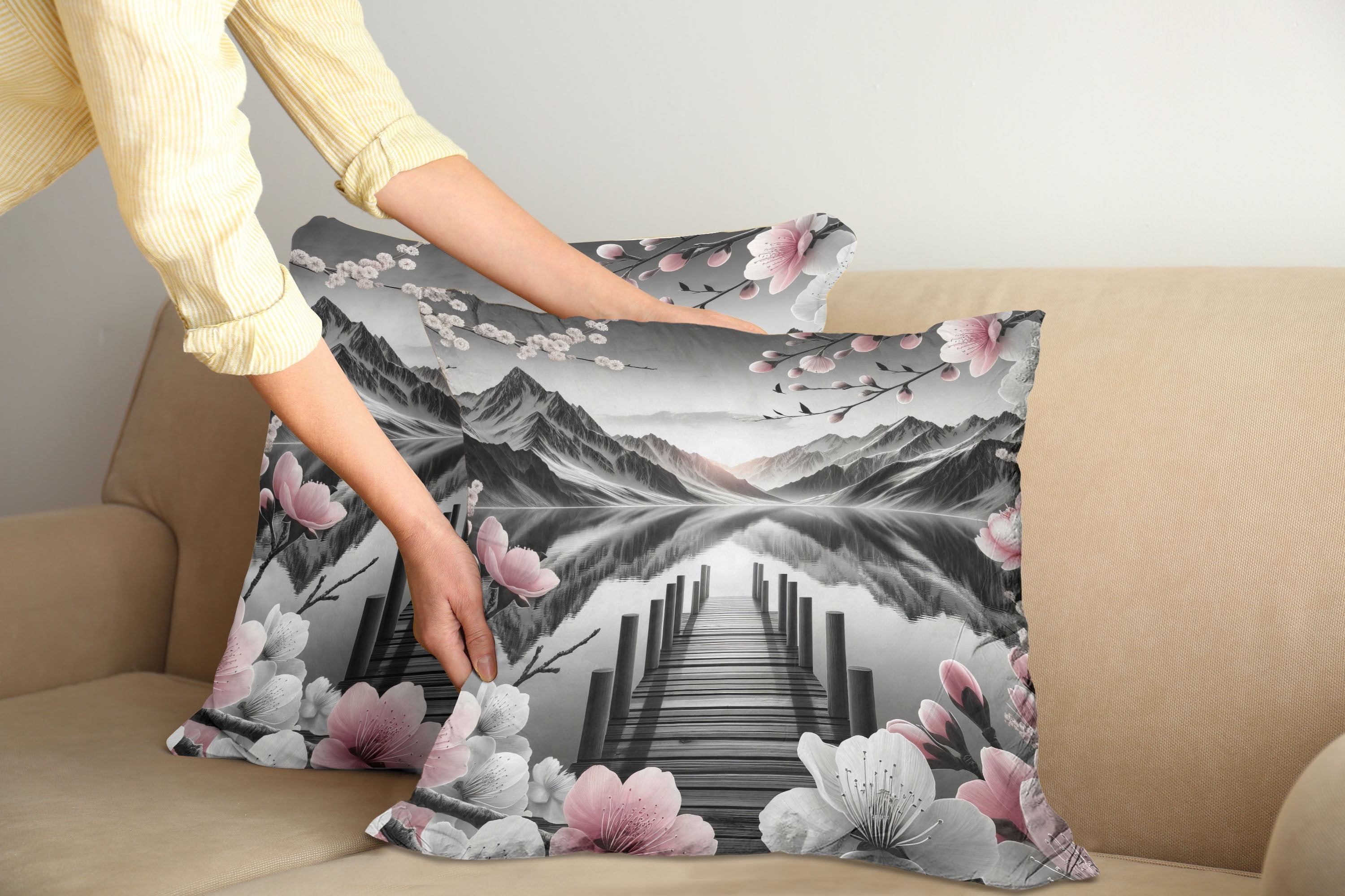 Grey and Blush Polyester Square Throw Pillow Covers