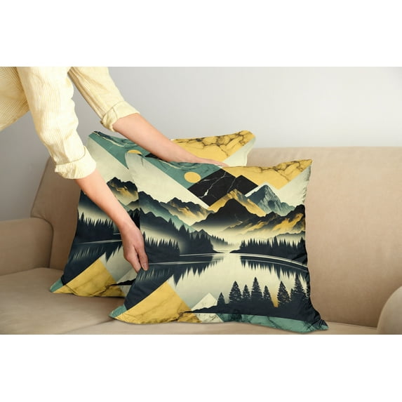 Ambesonne Lake Throw Pillow Cover Pack of 2, Dark Woods Mountains Modern, 2 Pcs-18"x18", Dark Green Teal Khaki