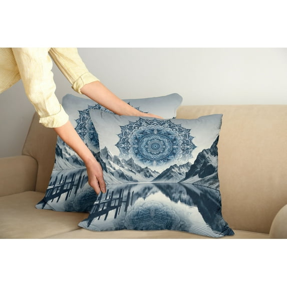 Ambesonne Lake Throw Pillow Cover Pack of 2, Ethnic Boho Mandala Mountains, 2 Pcs-36"x16", Night Blue