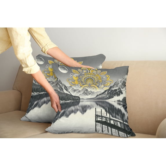 Ambesonne Lake Throw Pillow Cover Pack of 2, Mandala and Mountain Panorama, 2 Pcs-36"x16", Yellow and Grey
