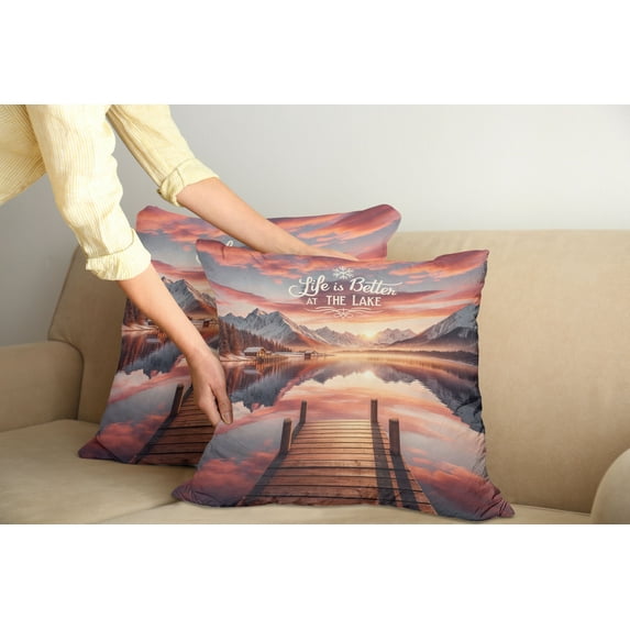 Ambesonne Lake Throw Pillow Cover Pack of 2, Mesmerizing Sunset Mountains, 2 Pcs-18"x18", Salmon Purple Grey