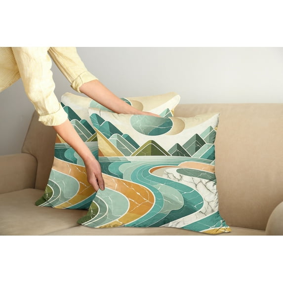 Ambesonne Lake Throw Pillow Cover Pack of 2, Mountain Minimal Marble Print, 2 Pcs-16"x16", Amber and Seafoam
