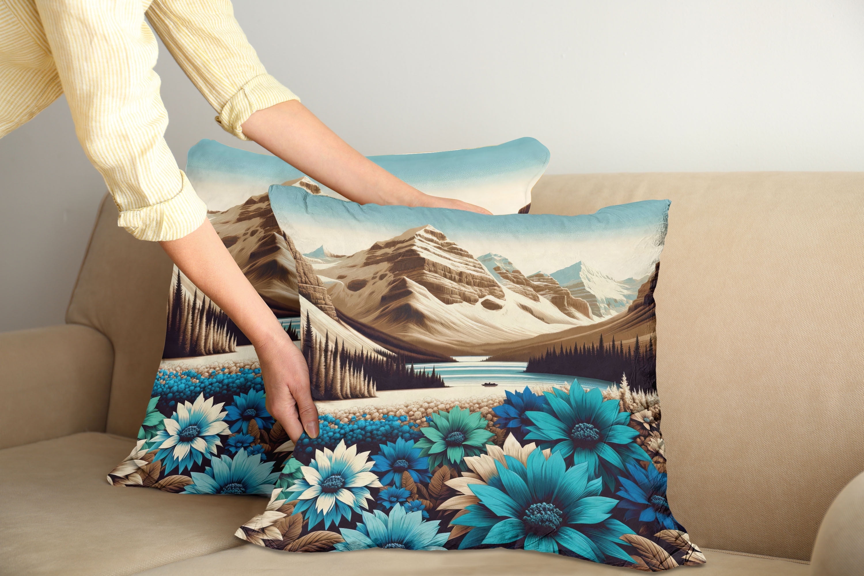 Pale Blue and Brown Polyester Floral Mountain Throw Pillow Covers