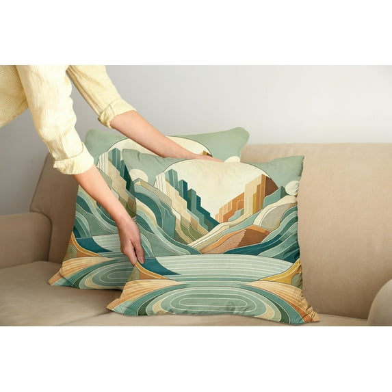 Ambesonne Lake Throw Pillow Cover Pack of 2, Pastel Rising Mountains Art, 2 Pcs-36"x16", Seafoam Peach and Amber