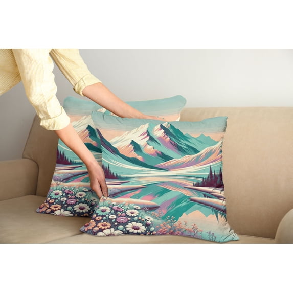 Ambesonne Lake Throw Pillow Cover Pack of 2, Snowy Mountain Dreamland Print, 2 Pcs-26"x26", Seafoam Coral Plum