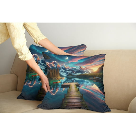 Ambesonne Lake Throw Pillow Cover Pack of 2, Wooden Pier Dramatic Night, 2 Pcs-20"x20", Coral Dark Turquoise