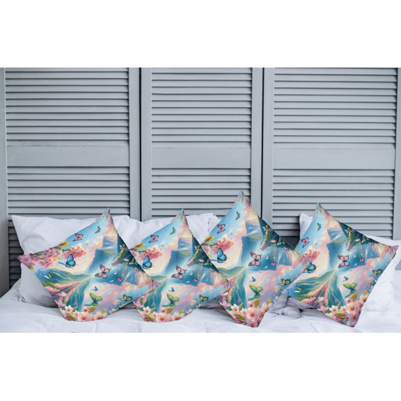 Ambesonne Lake Throw Pillow Cover Pack of 4, Butterflies Cherry Blossoms, 4 Pcs-16" x 16", Pink Sky Blue Green