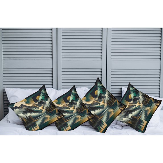 Ambesonne Lake Throw Pillow Cover Pack of 4, Clouds Mountains Geometric Art, 4 Pcs-40"x40", Teal Earth Yellow Grey