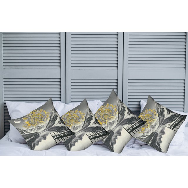 Ambesonne Lake Throw Pillow Cover Pack of 4, Mandala and Mountain Panorama, 4 Pcs-36"x36", Yellow and Grey