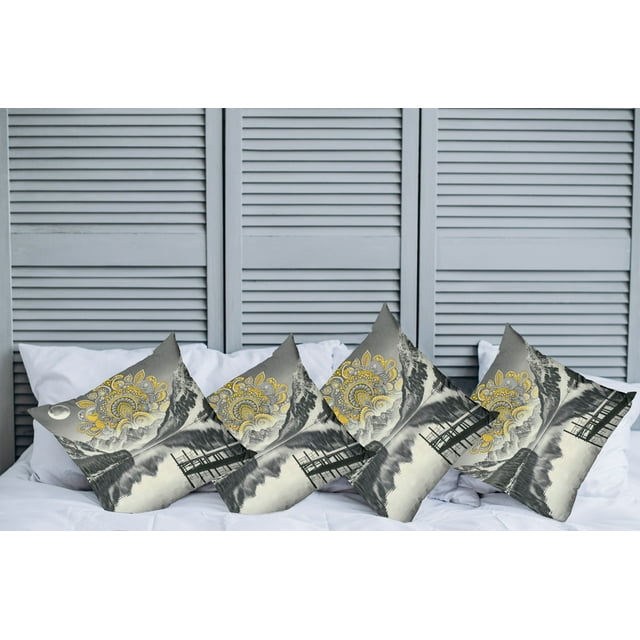 Ambesonne Lake Throw Pillow Cover Pack of 4, Mandala and Mountain Panorama, 4 Pcs-36"x36", Yellow and Grey