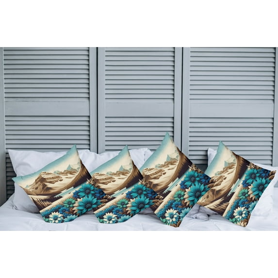 Ambesonne Lake Throw Pillow Cover Pack of 4, Mountain Scene Icy Tone Floral, 4 Pcs-18" x 18", Pale Blue Pastel Brown