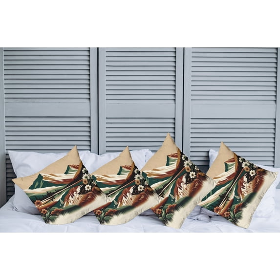 Ambesonne Lake Throw Pillow Cover Pack of 4, Peaceful Meadow Scene Woods, 4 Pcs-36"x36", Hunter Green Pale Redwood