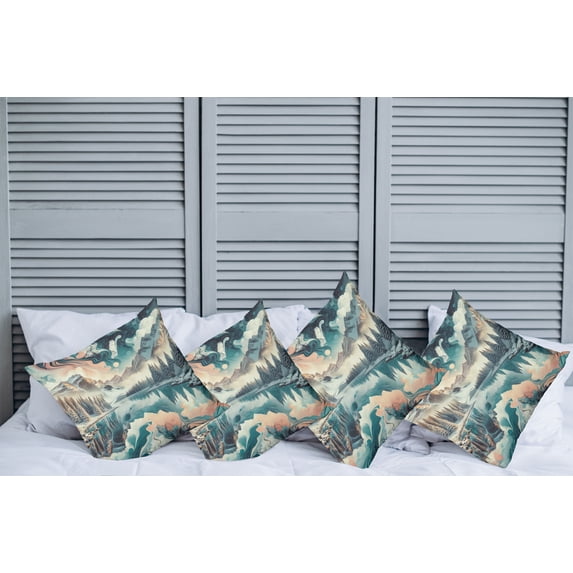 Ambesonne Lake Throw Pillow Cover Pack of 4, Woodland Mountain Print Cloudy, 4 Pcs-16" x 16", Cadet Blue Peach Teal