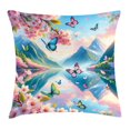 thumbnail image 1 of Ambesonne Lake Throw Pillow Cushion Cover, Butterflies Cherry Blossoms, 16" X 16", Pink Sky Blue Green, 1 of 2