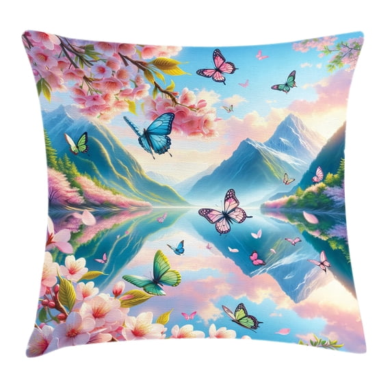 Ambesonne Lake Throw Pillow Cushion Cover, Butterflies Cherry Blossoms, 40" X 40", Pink Sky Blue Green