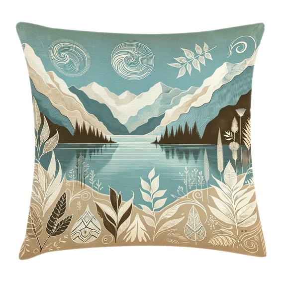 Ambesonne Lake Throw Pillow Cushion Cover, Calm Mountains Scenery Botany, 24" X 24", Pale Teal Tan and Brown