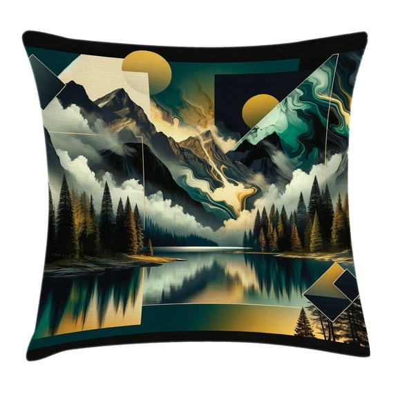 Ambesonne Lake Throw Pillow Cushion Cover, Clouds Mountains Geometric Art, 26" X 26", Teal Earth Yellow Grey