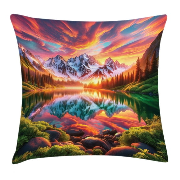 Ambesonne Lake Throw Pillow Cushion Cover, Colorful Mesmerizing Scenery, 16" X 16", Burnt Sienna Green Teal