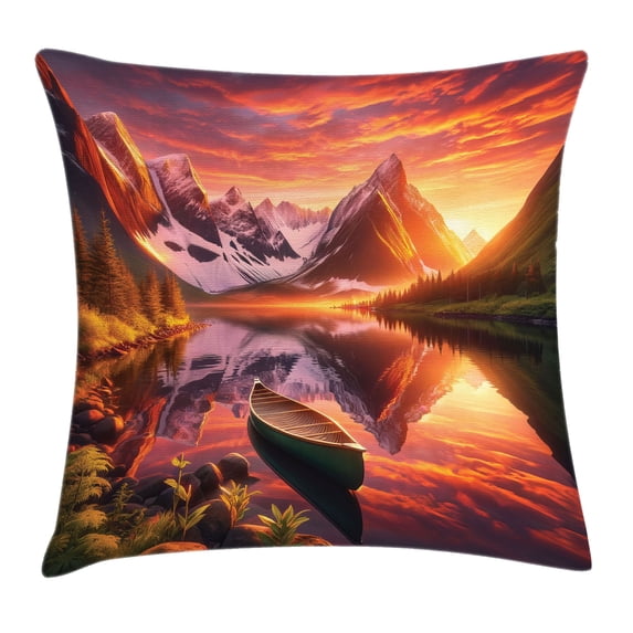 Ambesonne Lake Throw Pillow Cushion Cover, Lonely Boat Mountain Landscape, 36" X 36", Olive Green and Burnt Sienna