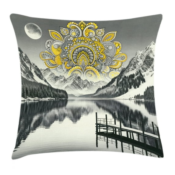 Ambesonne Lake Throw Pillow Cushion Cover, Mandala and Mountain Panorama, 24" X 24", Yellow and Grey