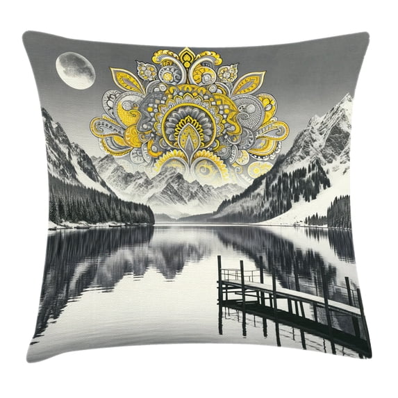 Ambesonne Lake Throw Pillow Cushion Cover, Mandala and Mountain Panorama, 36" X 36", Yellow and Grey