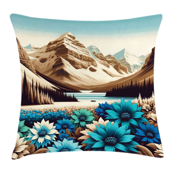 Ambesonne Lake Throw Pillow Cushion Cover, Mountain Scene Icy Tone Floral, 36" X 36", Pale Blue Pastel Brown