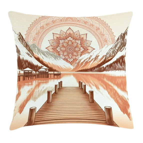Ambesonne Lake Throw Pillow Cushion Cover, Mountains Pier and Mandala, 24" X 24", Salmon Redwood and Dark Rust